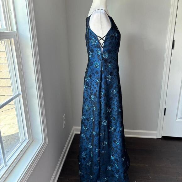 Vintage Y2K Morgan and Co Blue Black Floral Overlay Prom Formal Dress - Picture 4 of 5